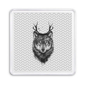 Магнит 55*55 с принтом Рогатый волк в Новосибирске, Пластик | Размер: 65*65 мм; Размер печати: 55*55 мм | animal | beast | deer | moon | rage | roar | wild | wolf | вой | волк | животное | зверь | луна | олень | рога