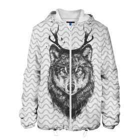 Мужская куртка 3D с принтом Рогатый волк в Новосибирске, ткань верха — 100% полиэстер, подклад — флис | прямой крой, подол и капюшон оформлены резинкой с фиксаторами, два кармана без застежек по бокам, один большой потайной карман на груди. Карман на груди застегивается на липучку | animal | beast | deer | moon | rage | roar | wild | wolf | вой | волк | животное | зверь | луна | олень | рога