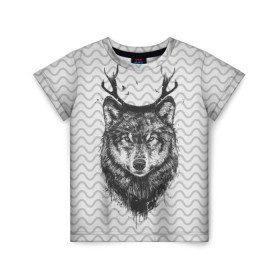 Детская футболка 3D с принтом Рогатый волк в Новосибирске, 100% гипоаллергенный полиэфир | прямой крой, круглый вырез горловины, длина до линии бедер, чуть спущенное плечо, ткань немного тянется | Тематика изображения на принте: animal | beast | deer | moon | rage | roar | wild | wolf | вой | волк | животное | зверь | луна | олень | рога