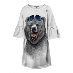 Детское платье 3D с принтом Счастливый медведь в Новосибирске, 100% полиэстер | прямой силуэт, чуть расширенный к низу. Круглая горловина, на рукавах — воланы | Тематика изображения на принте: animal | bear | beast | fashion | funny | животное | зверь | медведь | мода | радость | счастье