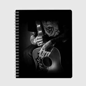 Тетрадь с принтом Гитарист в Новосибирске, 100% бумага | 48 листов, плотность листов — 60 г/м2, плотность картонной обложки — 250 г/м2. Листы скреплены сбоку удобной пружинной спиралью. Уголки страниц и обложки скругленные. Цвет линий — светло-серый
 | rock | гитара | рок | рок жив | рок музыка | русский рок