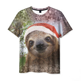 Мужская футболка 3D с принтом Рождественский ленивец в Новосибирске, 100% полиэфир | прямой крой, круглый вырез горловины, длина до линии бедер | джунгли | животное | ленивый | лень | новый год | рождество | снег | снежинки | тропики | улыбка | шапка