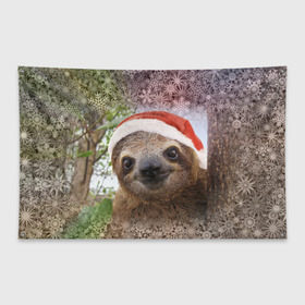 Флаг-баннер с принтом Рождественский ленивец в Новосибирске, 100% полиэстер | размер 67 х 109 см, плотность ткани — 95 г/м2; по краям флага есть четыре люверса для крепления | джунгли | животное | ленивый | лень | новый год | рождество | снег | снежинки | тропики | улыбка | шапка