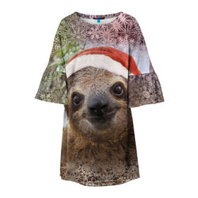 Детское платье 3D с принтом Рождественский ленивец в Новосибирске, 100% полиэстер | прямой силуэт, чуть расширенный к низу. Круглая горловина, на рукавах — воланы | джунгли | животное | ленивый | лень | новый год | рождество | снег | снежинки | тропики | улыбка | шапка