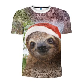 Мужская футболка 3D спортивная с принтом Рождественский ленивец в Новосибирске, 100% полиэстер с улучшенными характеристиками | приталенный силуэт, круглая горловина, широкие плечи, сужается к линии бедра | джунгли | животное | ленивый | лень | новый год | рождество | снег | снежинки | тропики | улыбка | шапка