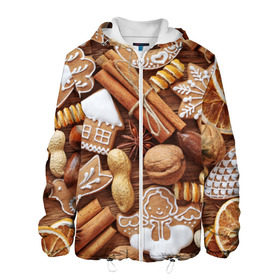 Мужская куртка 3D с принтом Cinnamon в Новосибирске, ткань верха — 100% полиэстер, подклад — флис | прямой крой, подол и капюшон оформлены резинкой с фиксаторами, два кармана без застежек по бокам, один большой потайной карман на груди. Карман на груди застегивается на липучку | выпечка | новый год | пряники | пряности | рождество