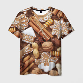 Мужская футболка 3D с принтом Cinnamon в Новосибирске, 100% полиэфир | прямой крой, круглый вырез горловины, длина до линии бедер | выпечка | новый год | пряники | пряности | рождество
