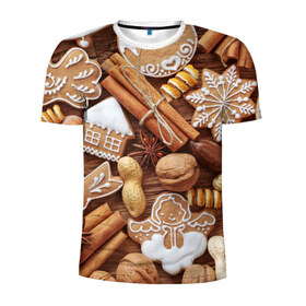 Мужская футболка 3D спортивная с принтом Cinnamon в Новосибирске, 100% полиэстер с улучшенными характеристиками | приталенный силуэт, круглая горловина, широкие плечи, сужается к линии бедра | Тематика изображения на принте: выпечка | новый год | пряники | пряности | рождество