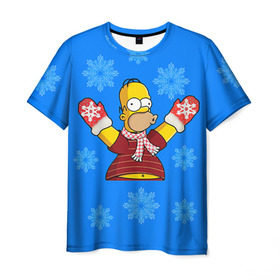 Мужская футболка 3D с принтом Симпсоны новогодние 2 в Новосибирске, 100% полиэфир | прямой крой, круглый вырез горловины, длина до линии бедер | simpsons | барт | барт симпсон | гомер | гомер симпсон | новый год | симпсоны | снег | снежинки