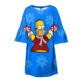 Детское платье 3D с принтом Симпсоны новогодние 2 в Новосибирске, 100% полиэстер | прямой силуэт, чуть расширенный к низу. Круглая горловина, на рукавах — воланы | simpsons | барт | барт симпсон | гомер | гомер симпсон | новый год | симпсоны | снег | снежинки