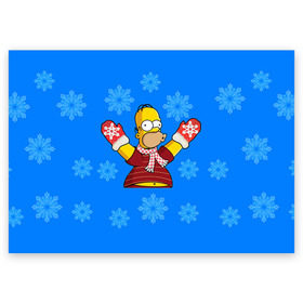 Поздравительная открытка с принтом Симпсоны новогодние 2 в Новосибирске, 100% бумага | плотность бумаги 280 г/м2, матовая, на обратной стороне линовка и место для марки
 | Тематика изображения на принте: simpsons | барт | барт симпсон | гомер | гомер симпсон | новый год | симпсоны | снег | снежинки