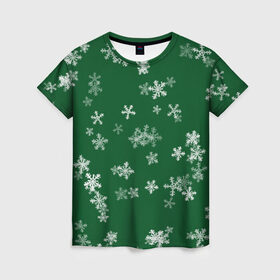 Женская футболка 3D с принтом Снежная феерия (зелёный) в Новосибирске, 100% полиэфир ( синтетическое хлопкоподобное полотно) | прямой крой, круглый вырез горловины, длина до линии бедер | happy new year | блеск | ёлка | зима | конфетти | новый год | подарки | праздник | снег | снежинки