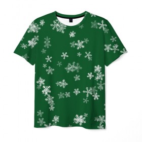 Мужская футболка 3D с принтом Снежная феерия (зелёный) в Новосибирске, 100% полиэфир | прямой крой, круглый вырез горловины, длина до линии бедер | Тематика изображения на принте: happy new year | блеск | ёлка | зима | конфетти | новый год | подарки | праздник | снег | снежинки