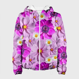 Женская куртка 3D с принтом Violet в Новосибирске, ткань верха — 100% полиэстер, подклад — флис | прямой крой, подол и капюшон оформлены резинкой с фиксаторами, два кармана без застежек по бокам, один большой потайной карман на груди. Карман на груди застегивается на липучку | лепестки | прикольные картинки | ромашки | цветочки | цветы