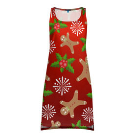 Платье-майка 3D с принтом Новогодний узор в Новосибирске, 100% полиэстер | полуприлегающий силуэт, широкие бретели, круглый вырез горловины, удлиненный подол сзади. | новогодний узор | новый год | омела | пряничный человечек | снежинка | узор