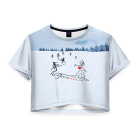 Женская футболка 3D укороченная с принтом Шерегеш в Новосибирске, 100% полиэстер | круглая горловина, длина футболки до линии талии, рукава с отворотами | gesh | геш | лыжи | лыжник | сноуборд | шерегеш | шершавель