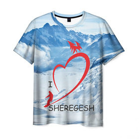 Мужская футболка 3D с принтом Love Sheregesh в Новосибирске, 100% полиэфир | прямой крой, круглый вырез горловины, длина до линии бедер | gesh | геш | лыжи | лыжник | сноуборд | шерегеш | шершавель
