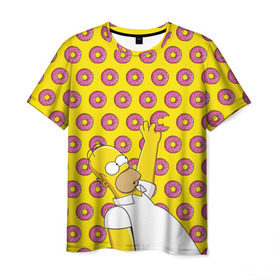 Мужская футболка 3D с принтом Пончики Гомера Симпсона в Новосибирске, 100% полиэфир | прямой крой, круглый вырез горловины, длина до линии бедер | donut | homer | simpson | гомер | еда | плюшка | пончик | симпсон