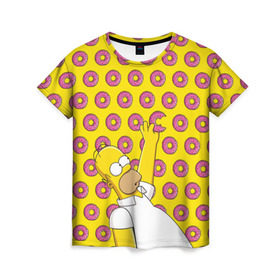 Женская футболка 3D с принтом Пончики Гомера Симпсона в Новосибирске, 100% полиэфир ( синтетическое хлопкоподобное полотно) | прямой крой, круглый вырез горловины, длина до линии бедер | donut | homer | simpson | гомер | еда | плюшка | пончик | симпсон