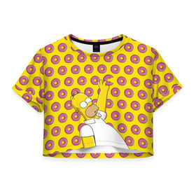 Женская футболка 3D укороченная с принтом Пончики Гомера Симпсона в Новосибирске, 100% полиэстер | круглая горловина, длина футболки до линии талии, рукава с отворотами | donut | homer | simpson | гомер | еда | плюшка | пончик | симпсон