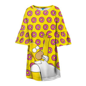 Детское платье 3D с принтом Пончики Гомера Симпсона в Новосибирске, 100% полиэстер | прямой силуэт, чуть расширенный к низу. Круглая горловина, на рукавах — воланы | donut | homer | simpson | гомер | еда | плюшка | пончик | симпсон
