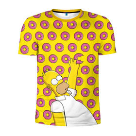 Мужская футболка 3D спортивная с принтом Пончики Гомера Симпсона в Новосибирске, 100% полиэстер с улучшенными характеристиками | приталенный силуэт, круглая горловина, широкие плечи, сужается к линии бедра | Тематика изображения на принте: donut | homer | simpson | гомер | еда | плюшка | пончик | симпсон