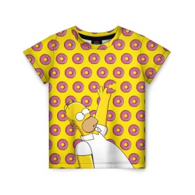 Детская футболка 3D с принтом Пончики Гомера Симпсона в Новосибирске, 100% гипоаллергенный полиэфир | прямой крой, круглый вырез горловины, длина до линии бедер, чуть спущенное плечо, ткань немного тянется | donut | homer | simpson | гомер | еда | плюшка | пончик | симпсон