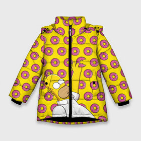 Зимняя куртка для девочек 3D с принтом Пончики Гомера Симпсона в Новосибирске, ткань верха — 100% полиэстер; подклад — 100% полиэстер, утеплитель — 100% полиэстер. | длина ниже бедра, удлиненная спинка, воротник стойка и отстегивающийся капюшон. Есть боковые карманы с листочкой на кнопках, утяжки по низу изделия и внутренний карман на молнии. 

Предусмотрены светоотражающий принт на спинке, радужный светоотражающий элемент на пуллере молнии и на резинке для утяжки. | donut | homer | simpson | гомер | еда | плюшка | пончик | симпсон
