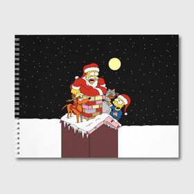 Альбом для рисования с принтом Симпсон - Санта Клаус в Новосибирске, 100% бумага
 | матовая бумага, плотность 200 мг. | bart | christmas | happy new year | homer simpson | the simpsons | барт | гомер | дед мороз | луна | новый год | олень | подарки | санта | снег | собака | сосульки