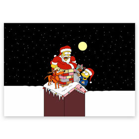 Поздравительная открытка с принтом Симпсон - Санта Клаус в Новосибирске, 100% бумага | плотность бумаги 280 г/м2, матовая, на обратной стороне линовка и место для марки
 | bart | christmas | happy new year | homer simpson | the simpsons | барт | гомер | дед мороз | луна | новый год | олень | подарки | санта | снег | собака | сосульки