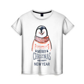 Женская футболка 3D с принтом Happy New Year в Новосибирске, 100% полиэфир ( синтетическое хлопкоподобное полотно) | прямой крой, круглый вырез горловины, длина до линии бедер | 2017 | happy new year | holiday | marry christmas | winter | зима | новый год | пингвин | рождество