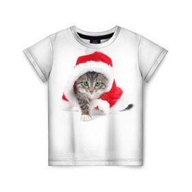 Детская футболка 3D с принтом Новогодняя Киса в Новосибирске, 100% гипоаллергенный полиэфир | прямой крой, круглый вырез горловины, длина до линии бедер, чуть спущенное плечо, ткань немного тянется | cat | christmas | new year | winter | дед мороз | зима | кисы | кошки | новый год | рождество