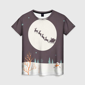 Женская футболка 3D с принтом Олени Санты в Новосибирске, 100% полиэфир ( синтетическое хлопкоподобное полотно) | прямой крой, круглый вырез горловины, длина до линии бедер | christmas | new year | winter | дед мороз | зима | новый год | рождество