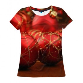 Женская футболка 3D с принтом Красные украшения в Новосибирске, 100% полиэфир ( синтетическое хлопкоподобное полотно) | прямой крой, круглый вырез горловины, длина до линии бедер | елка | игрушки | красный | новый год | праздник | украшения