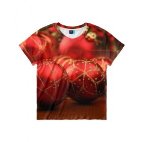 Детская футболка 3D с принтом Красные украшения в Новосибирске, 100% гипоаллергенный полиэфир | прямой крой, круглый вырез горловины, длина до линии бедер, чуть спущенное плечо, ткань немного тянется | елка | игрушки | красный | новый год | праздник | украшения