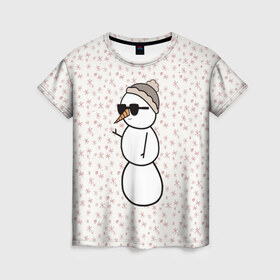 Женская футболка 3D с принтом Крутой снеговик 2 в Новосибирске, 100% полиэфир ( синтетическое хлопкоподобное полотно) | прямой крой, круглый вырез горловины, длина до линии бедер | зима | новогодний | очки | паттерн | рождество | снежинки