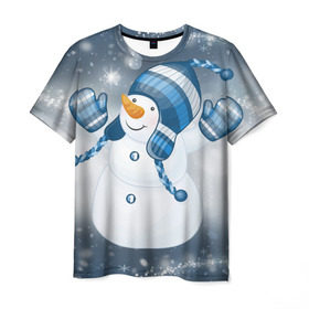 Мужская футболка 3D с принтом С Новым годом! в Новосибирске, 100% полиэфир | прямой крой, круглый вырез горловины, длина до линии бедер | Тематика изображения на принте: рождество | снеговик | снежинки