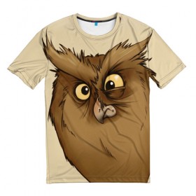 Мужская футболка 3D с принтом Грустная сова в Новосибирске, 100% полиэфир | прямой крой, круглый вырез горловины, длина до линии бедер | глаза | клюв | пернатые | перья | прикольные картинки | птица | сова
