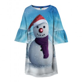 Детское платье 3D с принтом Снеговик в Новосибирске, 100% полиэстер | прямой силуэт, чуть расширенный к низу. Круглая горловина, на рукавах — воланы | Тематика изображения на принте: happy new year | блеск | ёлка | зима | игрушки. праздник | конфетти | новый год | подарки | снег