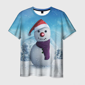Мужская футболка 3D с принтом Снеговик в Новосибирске, 100% полиэфир | прямой крой, круглый вырез горловины, длина до линии бедер | Тематика изображения на принте: happy new year | блеск | ёлка | зима | игрушки. праздник | конфетти | новый год | подарки | снег