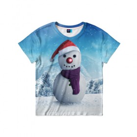 Детская футболка 3D с принтом Снеговик в Новосибирске, 100% гипоаллергенный полиэфир | прямой крой, круглый вырез горловины, длина до линии бедер, чуть спущенное плечо, ткань немного тянется | Тематика изображения на принте: happy new year | блеск | ёлка | зима | игрушки. праздник | конфетти | новый год | подарки | снег