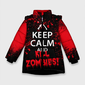 Зимняя куртка для девочек 3D с принтом Keep Calm & Kill Zombies в Новосибирске, ткань верха — 100% полиэстер; подклад — 100% полиэстер, утеплитель — 100% полиэстер. | длина ниже бедра, удлиненная спинка, воротник стойка и отстегивающийся капюшон. Есть боковые карманы с листочкой на кнопках, утяжки по низу изделия и внутренний карман на молнии. 

Предусмотрены светоотражающий принт на спинке, радужный светоотражающий элемент на пуллере молнии и на резинке для утяжки. | Тематика изображения на принте: bone | carl | rick | skelet | skull | walking dead | zombie | граймс | зомби | карл | нежить | нечисть | рик | скелет | ходячие мертвецы | череп