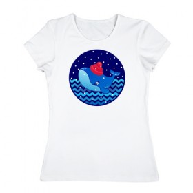 Женская футболка хлопок с принтом Синий кит зимой в Новосибирске, 100% хлопок | прямой крой, круглый вырез горловины, длина до линии бедер, слегка спущенное плечо | большой синий кит | волны | зима | новый год | океан | синий кит в шапке | снег