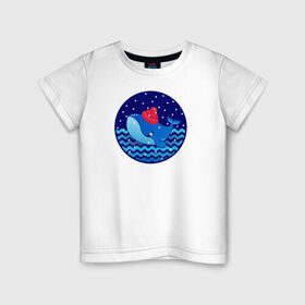 Детская футболка хлопок с принтом Синий кит зимой в Новосибирске, 100% хлопок | круглый вырез горловины, полуприлегающий силуэт, длина до линии бедер | Тематика изображения на принте: большой синий кит | волны | зима | новый год | океан | синий кит в шапке | снег