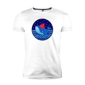 Мужская футболка премиум с принтом Синий кит зимой в Новосибирске, 92% хлопок, 8% лайкра | приталенный силуэт, круглый вырез ворота, длина до линии бедра, короткий рукав | большой синий кит | волны | зима | новый год | океан | синий кит в шапке | снег