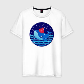 Мужская футболка хлопок с принтом Синий кит зимой в Новосибирске, 100% хлопок | прямой крой, круглый вырез горловины, длина до линии бедер, слегка спущенное плечо. | большой синий кит | волны | зима | новый год | океан | синий кит в шапке | снег