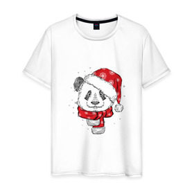 Мужская футболка хлопок с принтом Панда-санта в Новосибирске, 100% хлопок | прямой крой, круглый вырез горловины, длина до линии бедер, слегка спущенное плечо. | christmas | new year | winter | зима | новый год | рождество