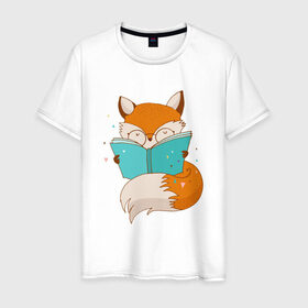 Мужская футболка хлопок с принтом Лисица с книгой в Новосибирске, 100% хлопок | прямой крой, круглый вырез горловины, длина до линии бедер, слегка спущенное плечо. | Тематика изображения на принте: лиса | лисенок | лисица | лисичка