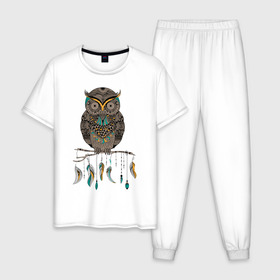 Мужская пижама хлопок с принтом Совушка в Новосибирске, 100% хлопок | брюки и футболка прямого кроя, без карманов, на брюках мягкая резинка на поясе и по низу штанин
 | сова | филин
