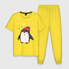 Мужская пижама хлопок с принтом Пингвин в шапке в Новосибирске, 100% хлопок | брюки и футболка прямого кроя, без карманов, на брюках мягкая резинка на поясе и по низу штанин
 | Тематика изображения на принте: christmas | new year | winter | зима | новый год | пингвин | рождество